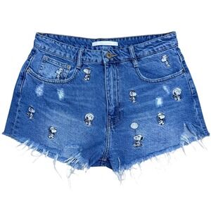 Zara Trafaluc Snoopy Denim Shorts Womens 6 Distressed Frayed Hem Peanuts Y2K